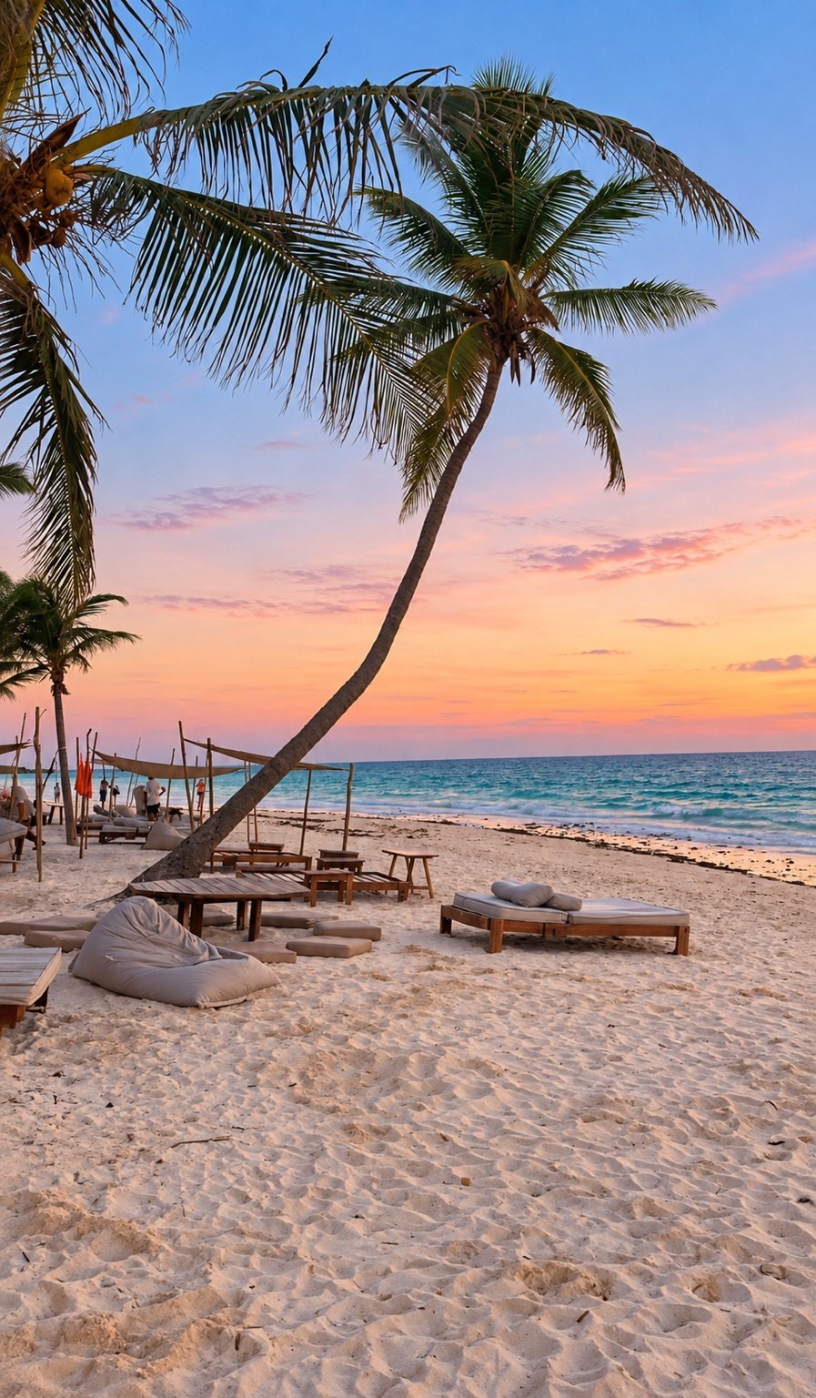 Riviera Maya beach with palm trees at dusk