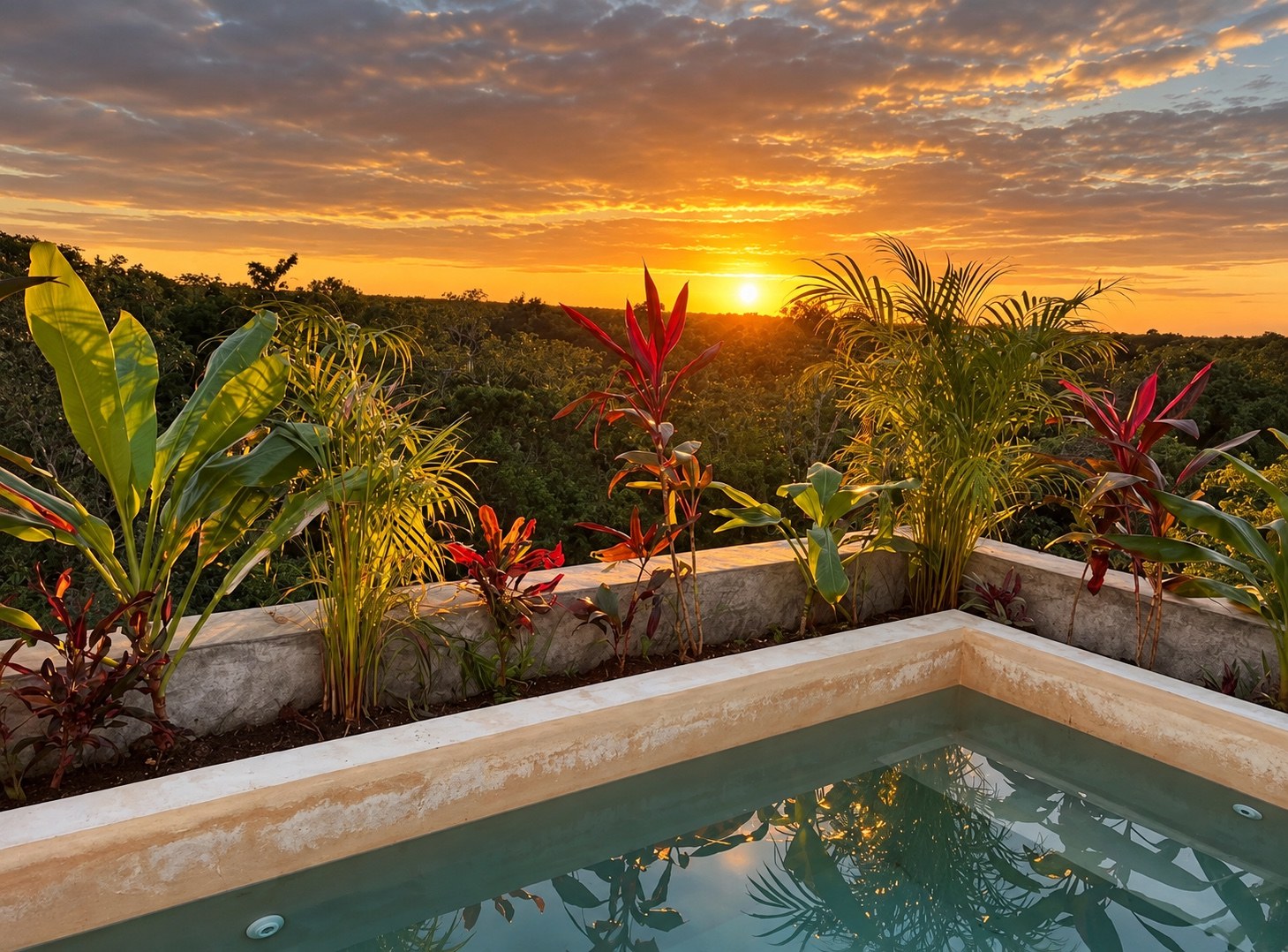 Private rooftop pool surrounded by tropical plants at sunset